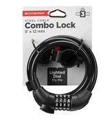 Wholesale - SCHWINN STEEL CABLE COMBO LOCK WITH LIGHT C/P 3, UPC: 038675074989